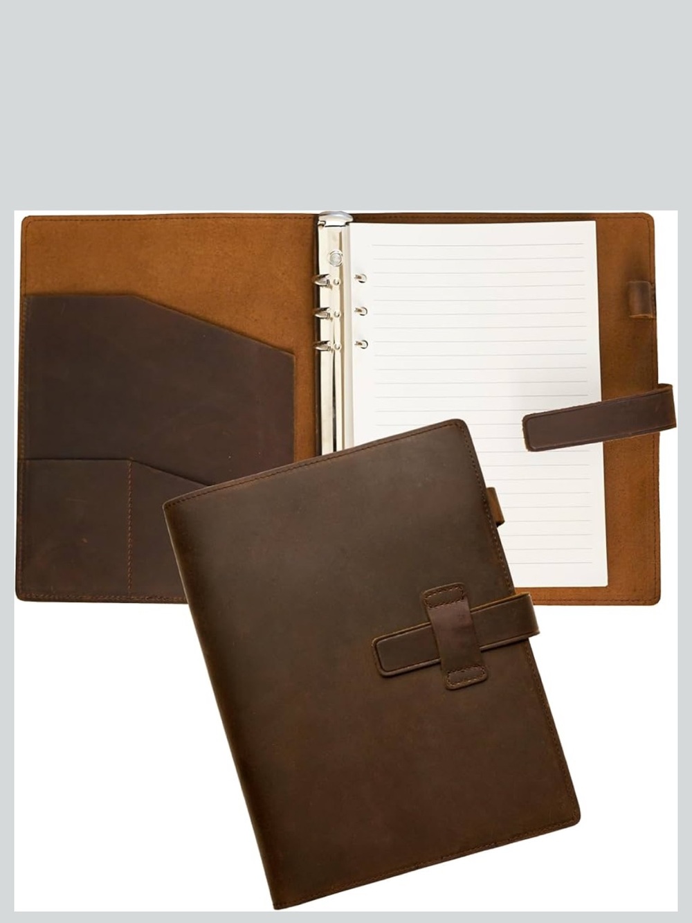 A5 Leather Binder Notebook 6-Ring Genuine Journal Vintage Planner Pocket Bundle